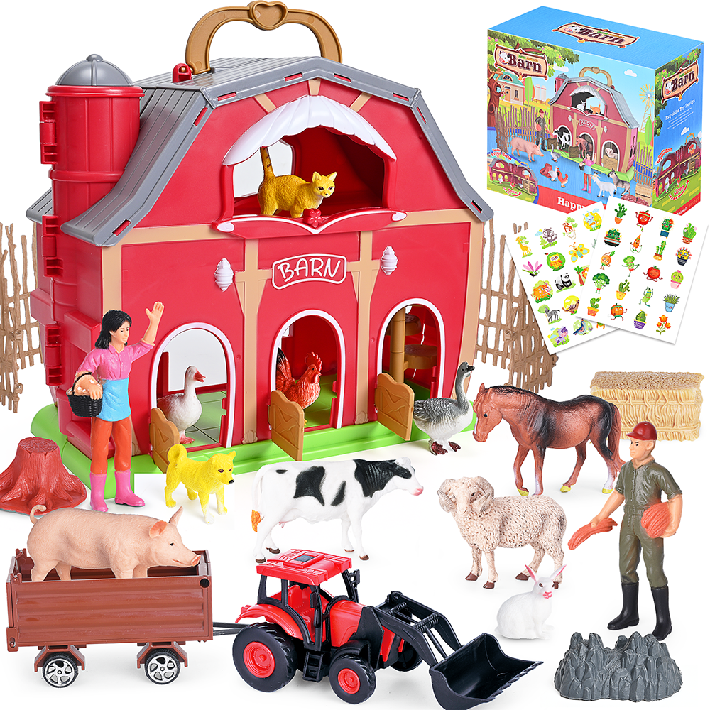 Farm Animal Toys Take Along Barn Playset for Toddlers Montessori Toys with 10 Animals Figurines & DIY Stickers