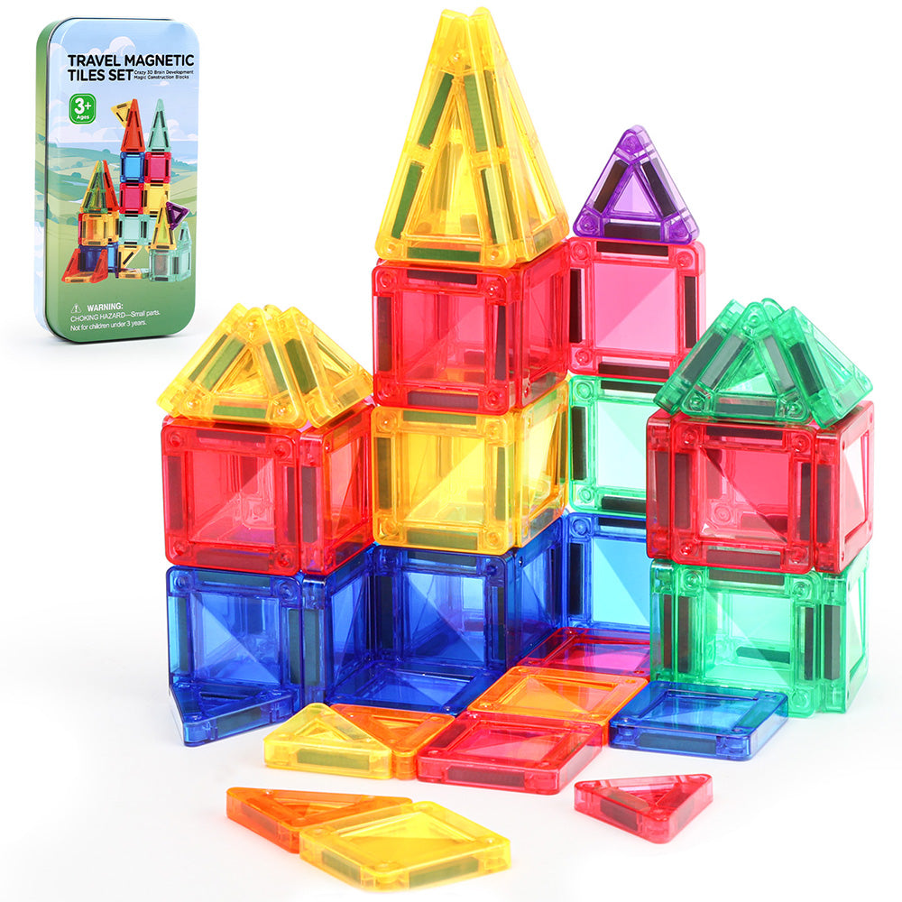 Mini Magnetic Tiles, 32PCS Travel Magnetic Blocks with Case, STEM Educational Building Set Construction Toys