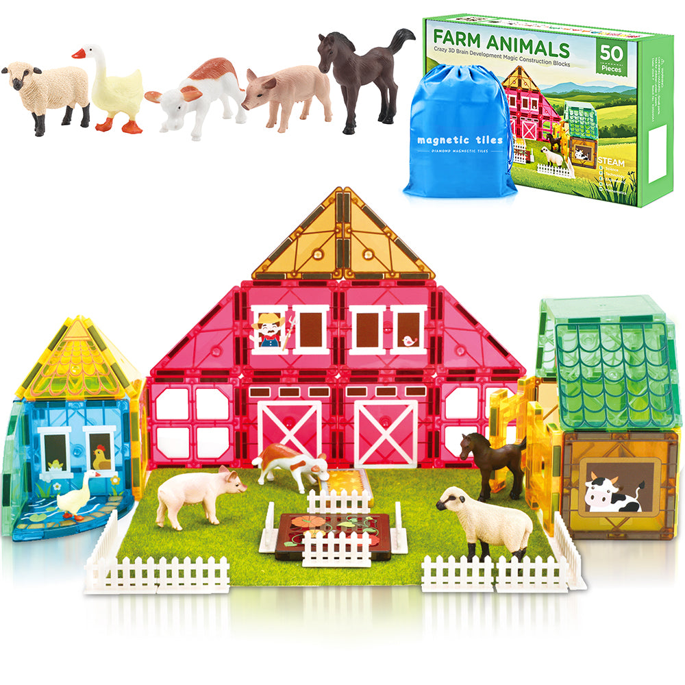 Magnetic Tiles Farm Animal Toys Set for Toddles Kids, Montessori STEM Educational Magnetic Building Blocks