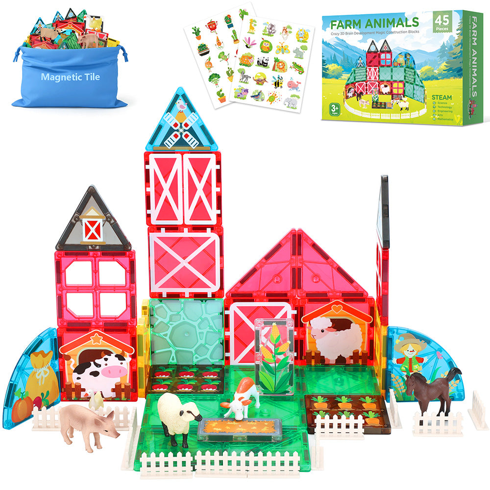 Magnetic Tiles Farm Animals Toys Magnet Building Blocks Garden Set STEM Preschool Toddler Toys for Boys Girls
