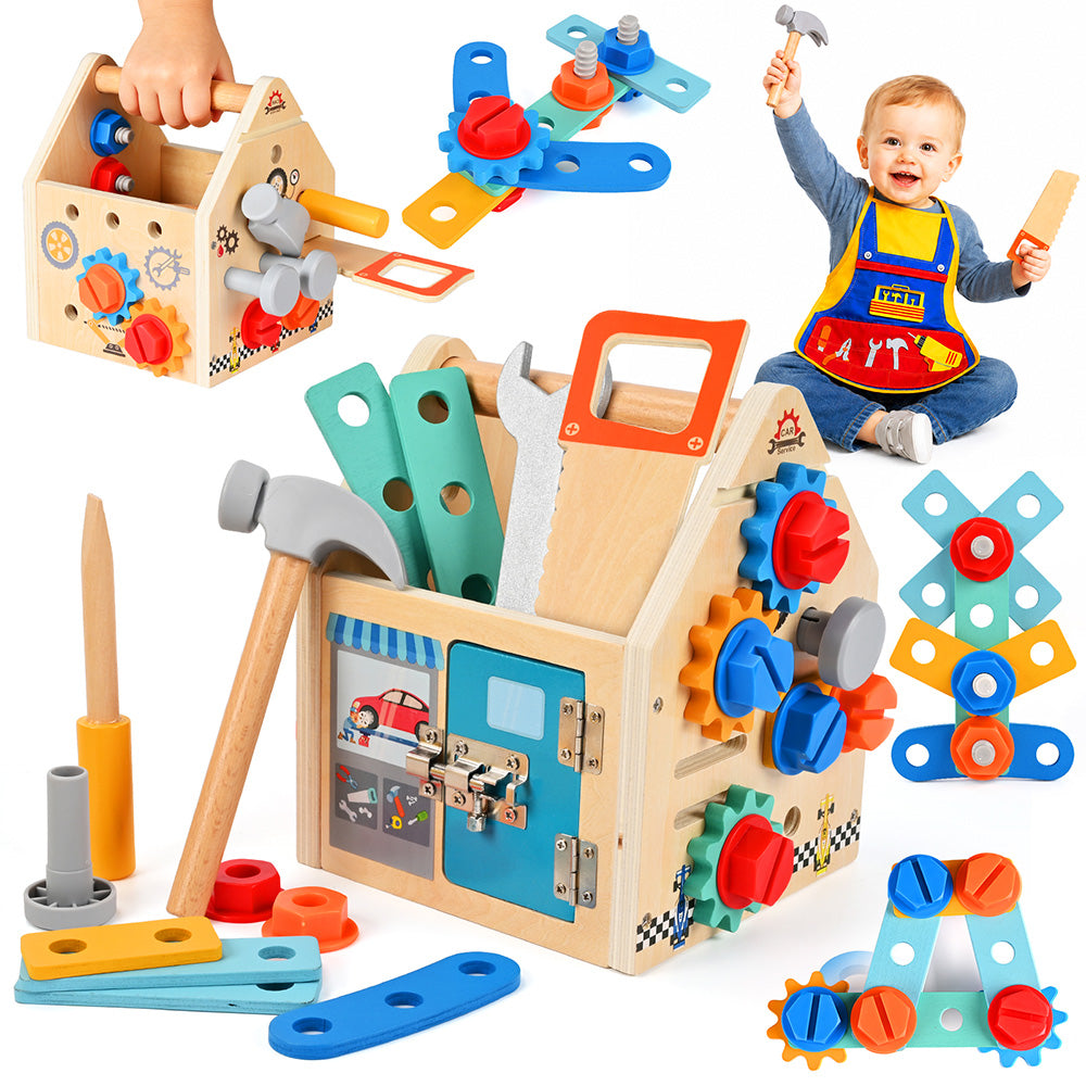 Kids Tool Set, 34 Pcs Wooden Toddler Tool Box with Apron, Portable STEM Educational Pretend Play Construction Toys