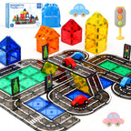 Magnetic Tiles Road Set, Magnetic Building Tiles with 2 Cars, Preschool Montessori Toys Magnetic Blocks