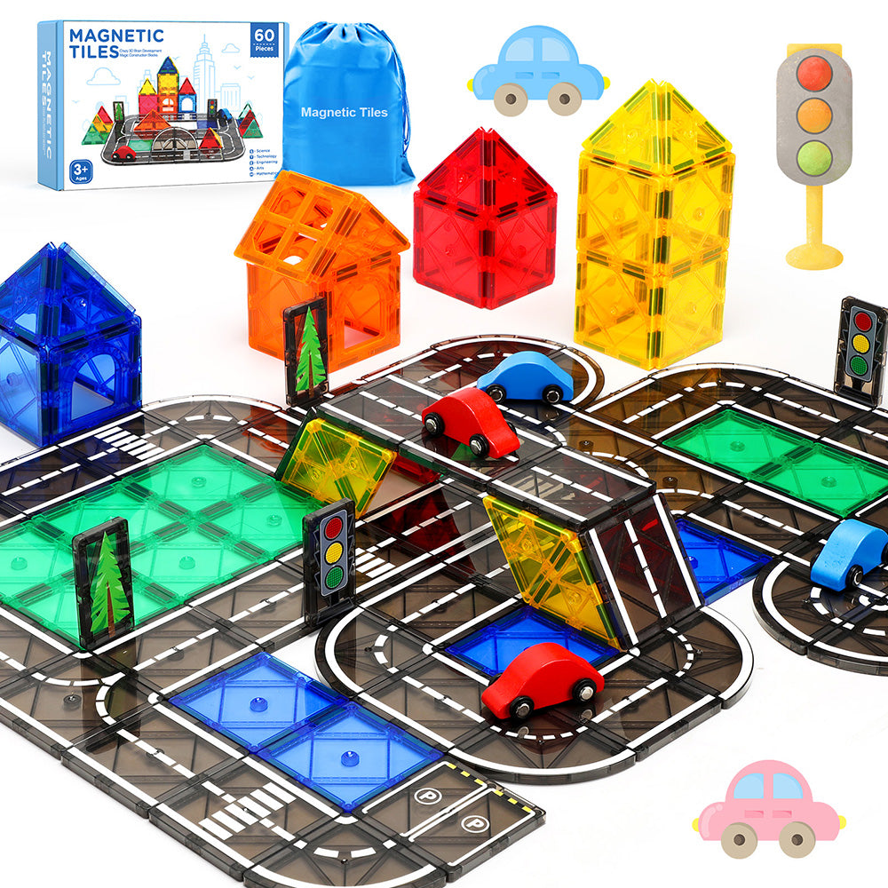Magnetic Tiles Road Set, Magnetic Building Tiles with 2 Cars, Preschool Montessori Toys Magnetic Blocks