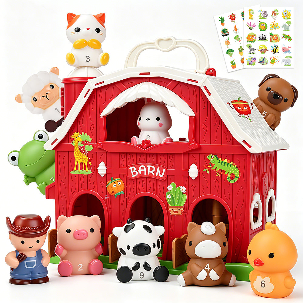 Farm Animal Barn Toys Portable Doll House with Finger Puppets & DIY Stickers