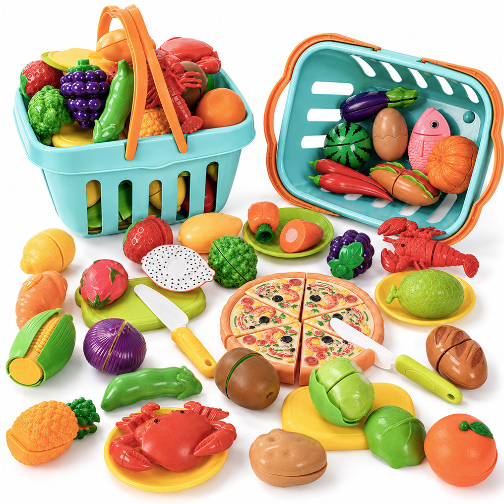 Play Food Set for Kitchen, Color Sorting Toy Food , Pretend Play Fake Food Toy with 2 Baskets for Boys & Girls