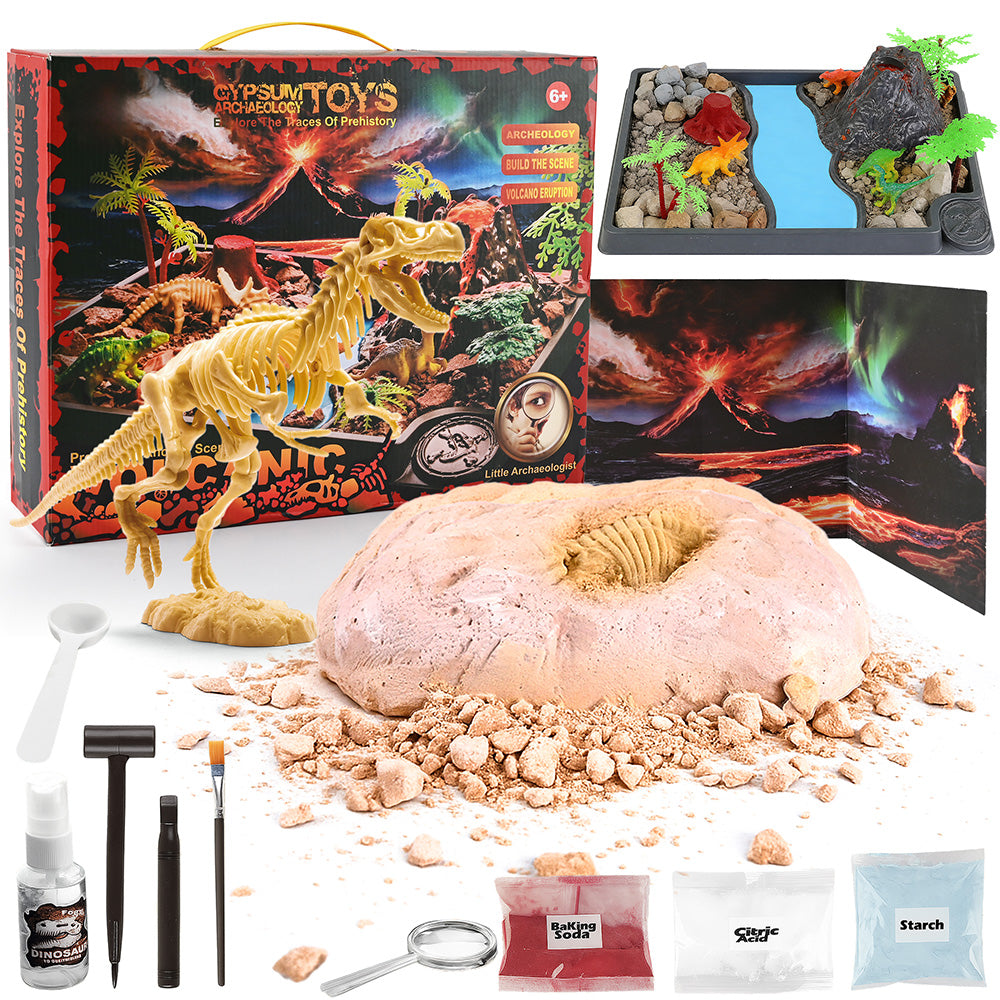 Dinosaur Dig Kit for Kids, Fossil Dino Excavation Kits with Volcano Eruption Experiment,STEM Science Kit Educational Toy