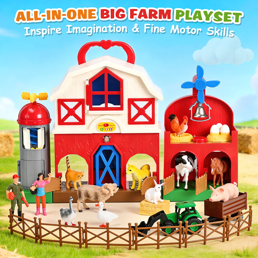 Big Red Barn Farm Animal Toys with Sound Effects, 21 Pieces Take Along Farm Playset for Toddlers