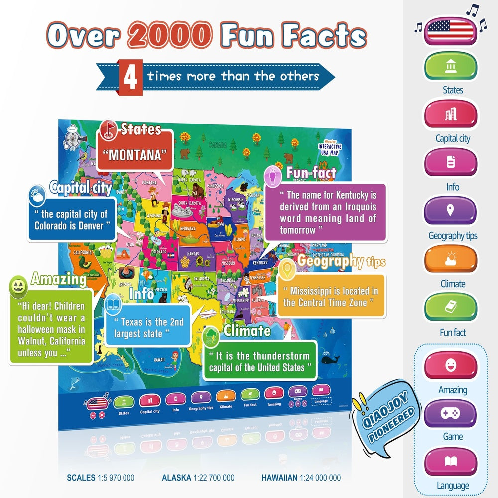 Bilingual Interactive USA Map for Kids, Talking Educational Geography Toy with Quiz Games for Boys Girls Ages 3-12