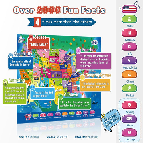 Bilingual Interactive USA Map for Kids, Talking Educational Geography Toy with Quiz Games for Boys Girls Ages 3-12