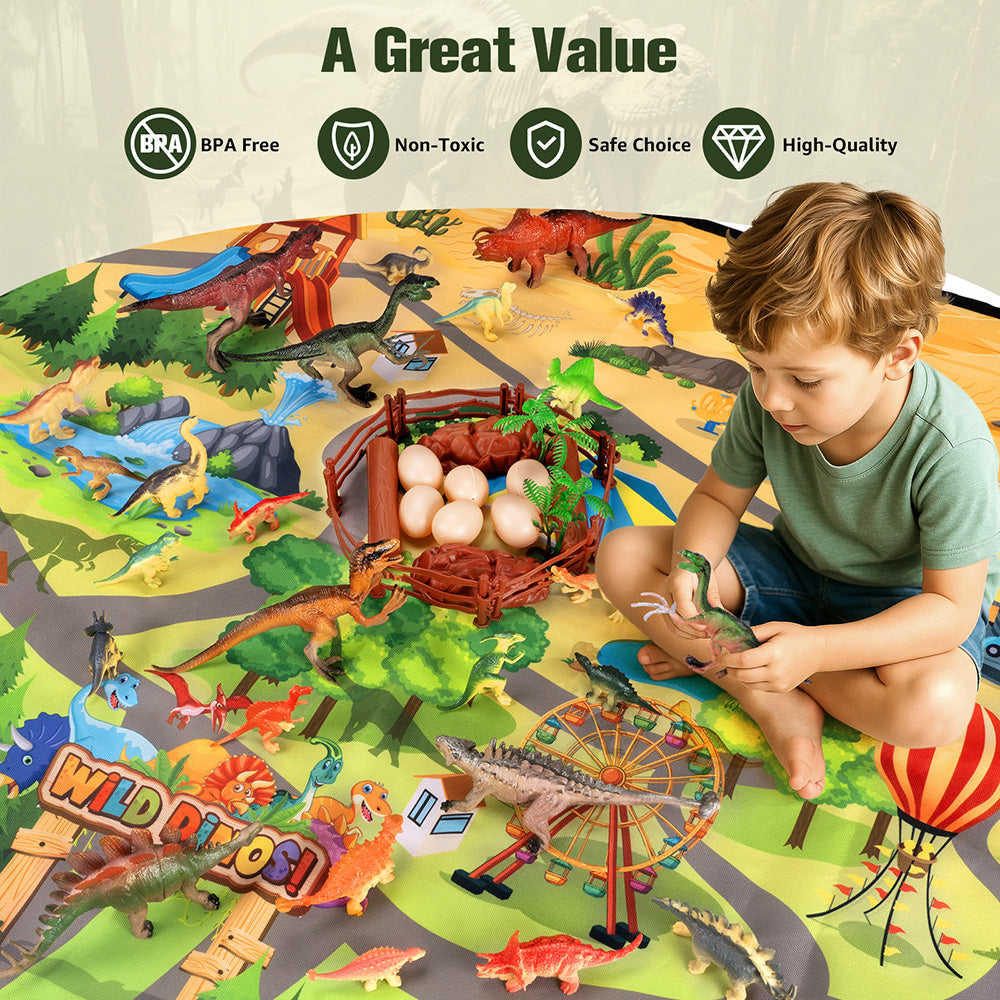 Dinosaur Toys with Play Mat, 46PCS Realistic Jurassic Dinosaurs Figures with Eggs&Trees&Fence