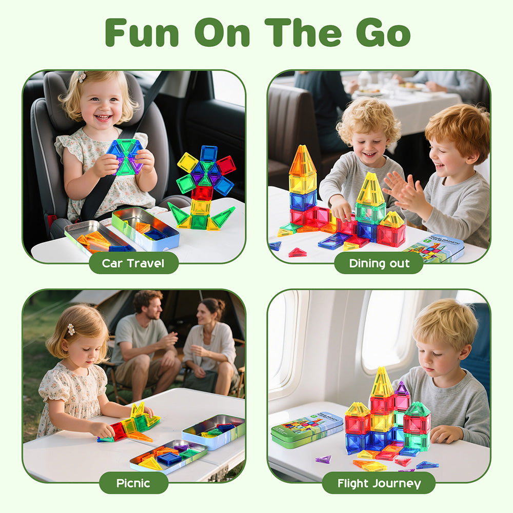 Mini Magnetic Tiles, 32PCS Travel Magnetic Blocks with Case, STEM Educational Building Set Construction Toys