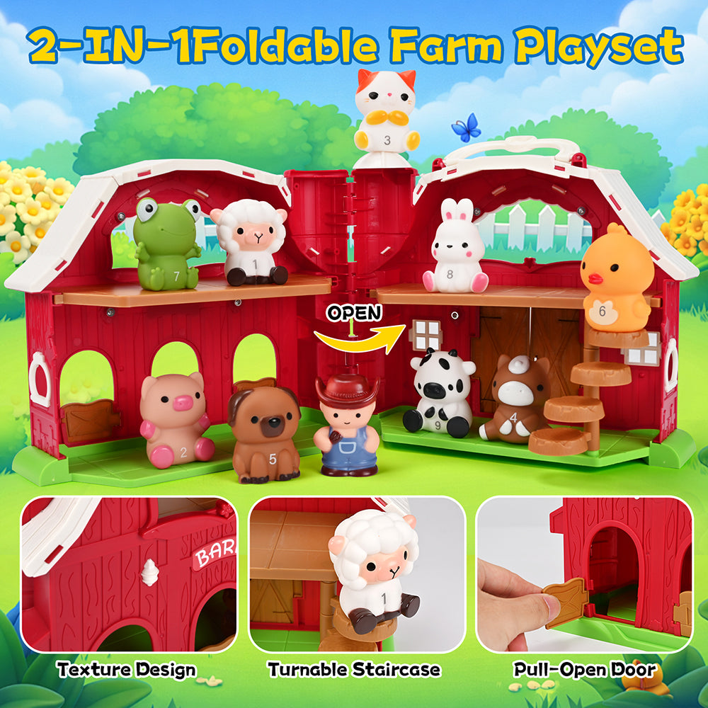 Farm Animal Barn Toys Portable Doll House with Finger Puppets & DIY Stickers