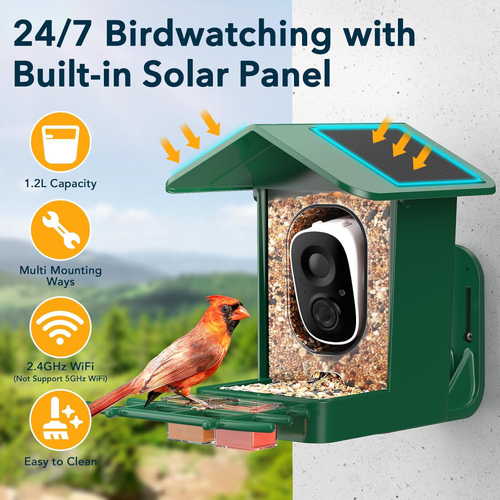 Bird Feeder with Camera Solar Powered, AI Identify & Auto Capture, 2K HD Live Video Gift for Bird Lovers