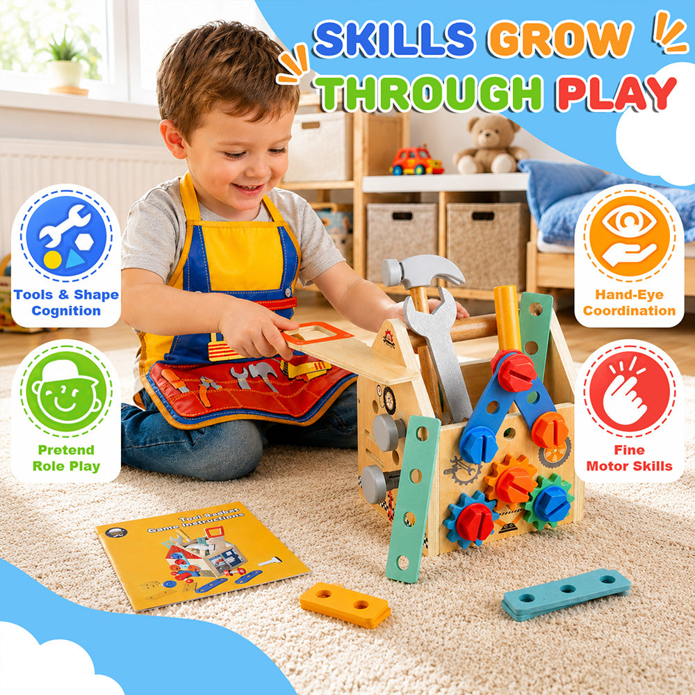 Kids Tool Set, 34 Pcs Wooden Toddler Tool Box with Apron, Portable STEM Educational Pretend Play Construction Toys