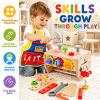 Kids Tool Set, 34 Pcs Wooden Toddler Tool Box & Workbench with Apron, STEM Montessori Pretend Play Construction Toys