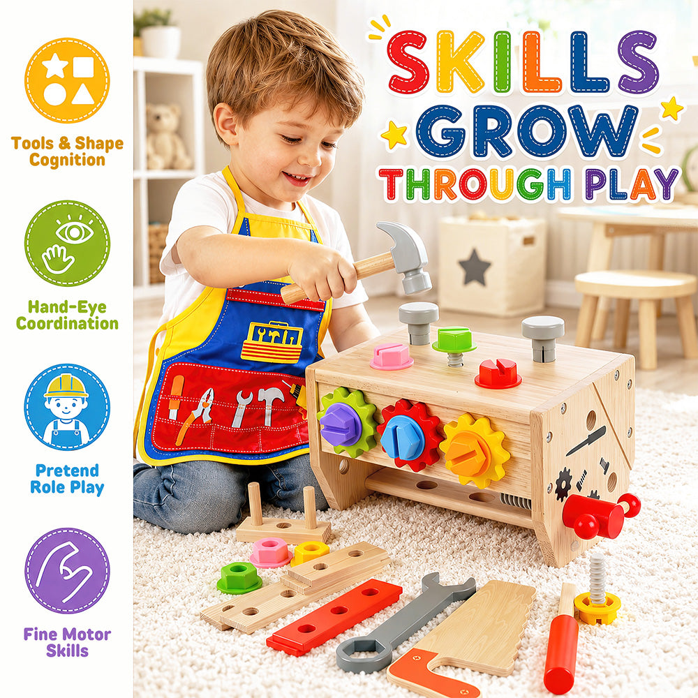 Kids Tool Set, 34 Pcs Wooden Toddler Tool Box & Workbench with Apron, STEM Montessori Pretend Play Construction Toys