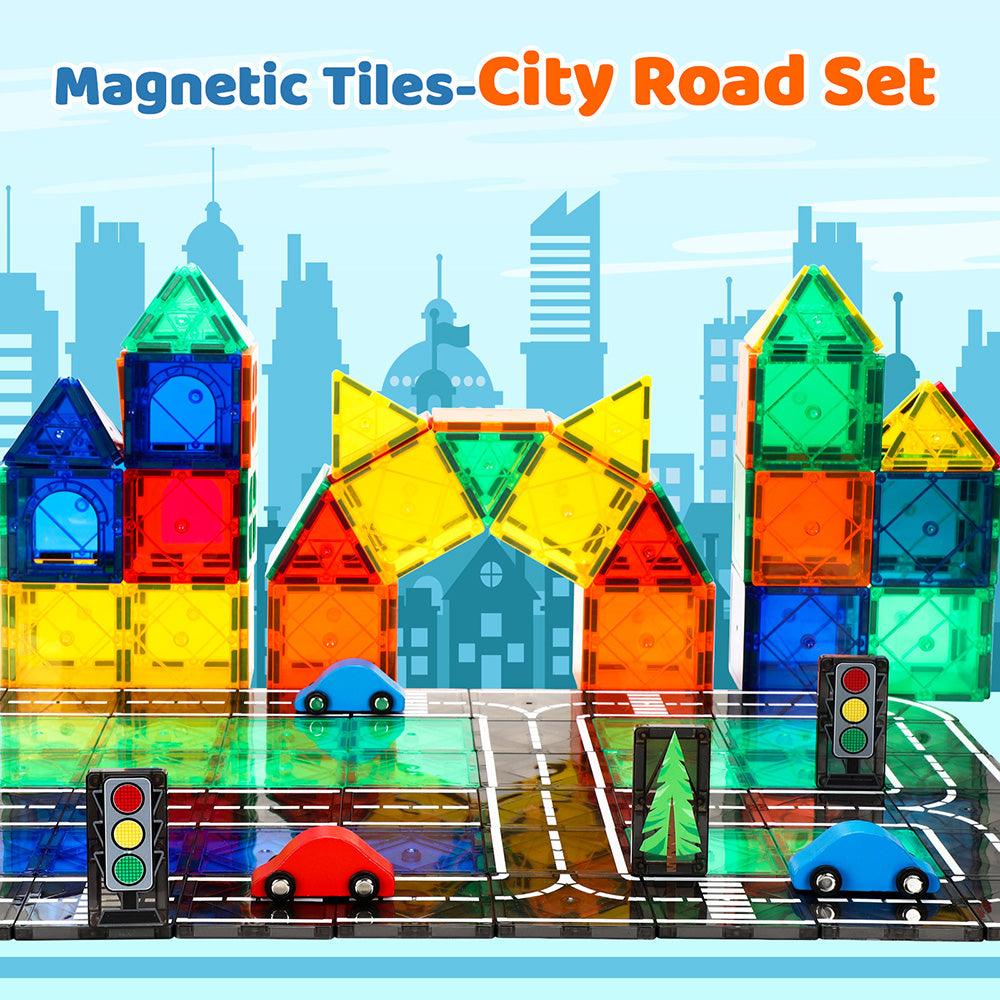 Magnetic Tiles Road Set, Magnetic Building Tiles with 2 Cars, Preschool Montessori Toys Magnetic Blocks