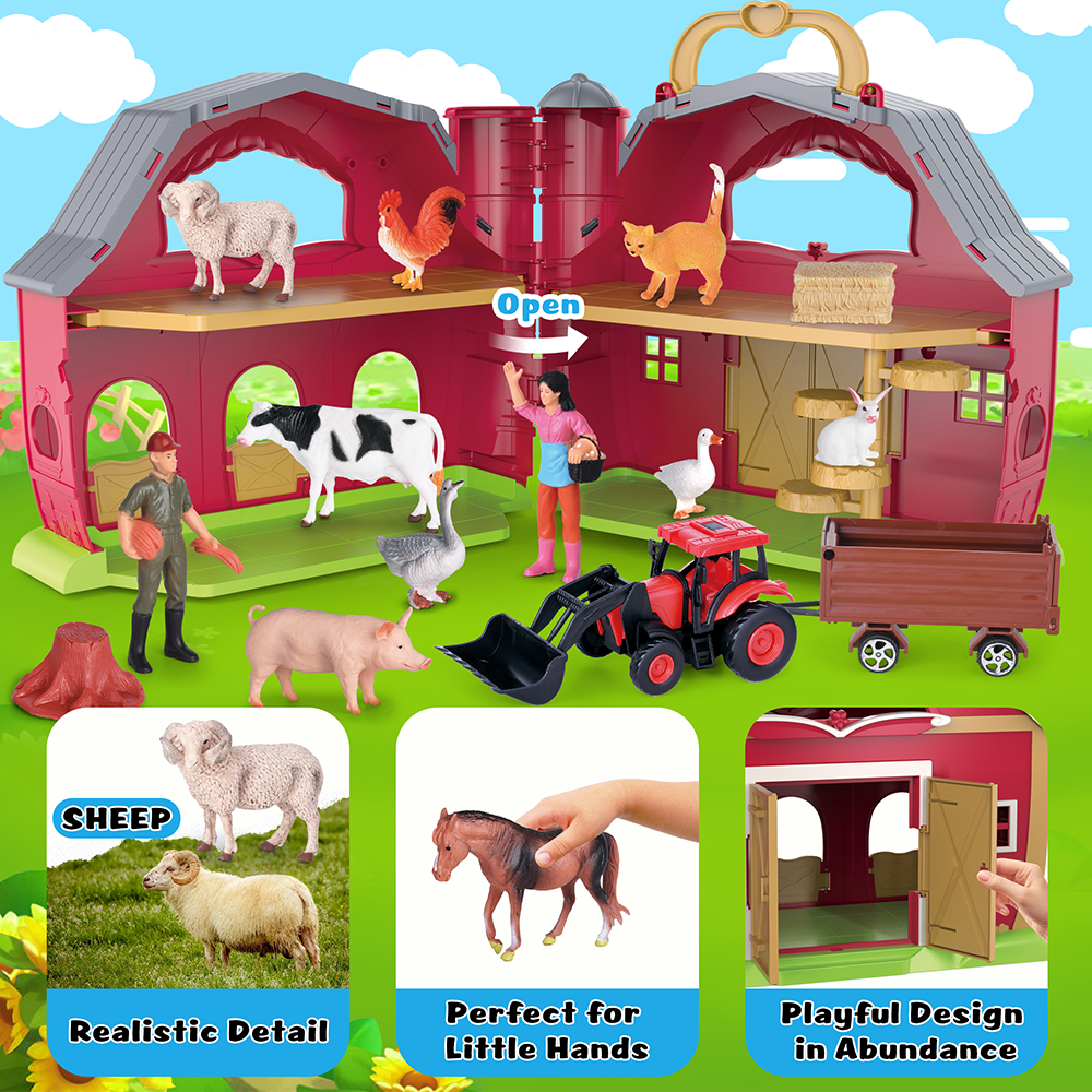 Farm Animal Toys Take Along Barn Playset for Toddlers Montessori Toys with 10 Animals Figurines & DIY Stickers