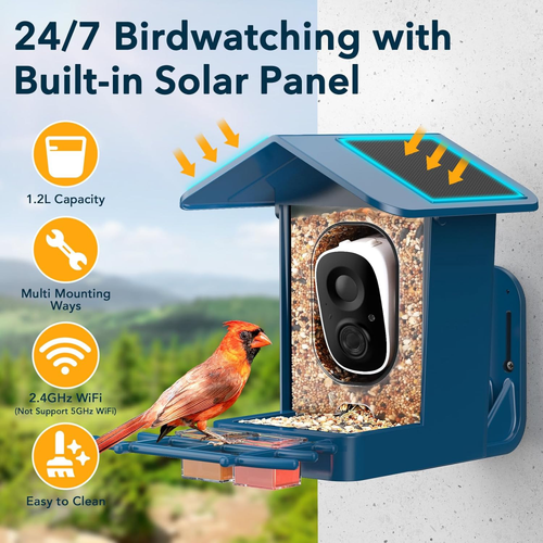 Bird Feeder with Camera, AI Identify & Auto Capture, 2K HD Live Video Smart Bird Feeder