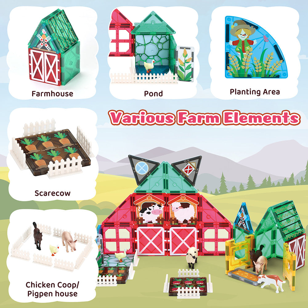 Magnetic Tiles Farm Animals Toys Magnet Building Blocks Garden Set STEM Preschool Toddler Toys for Boys Girls