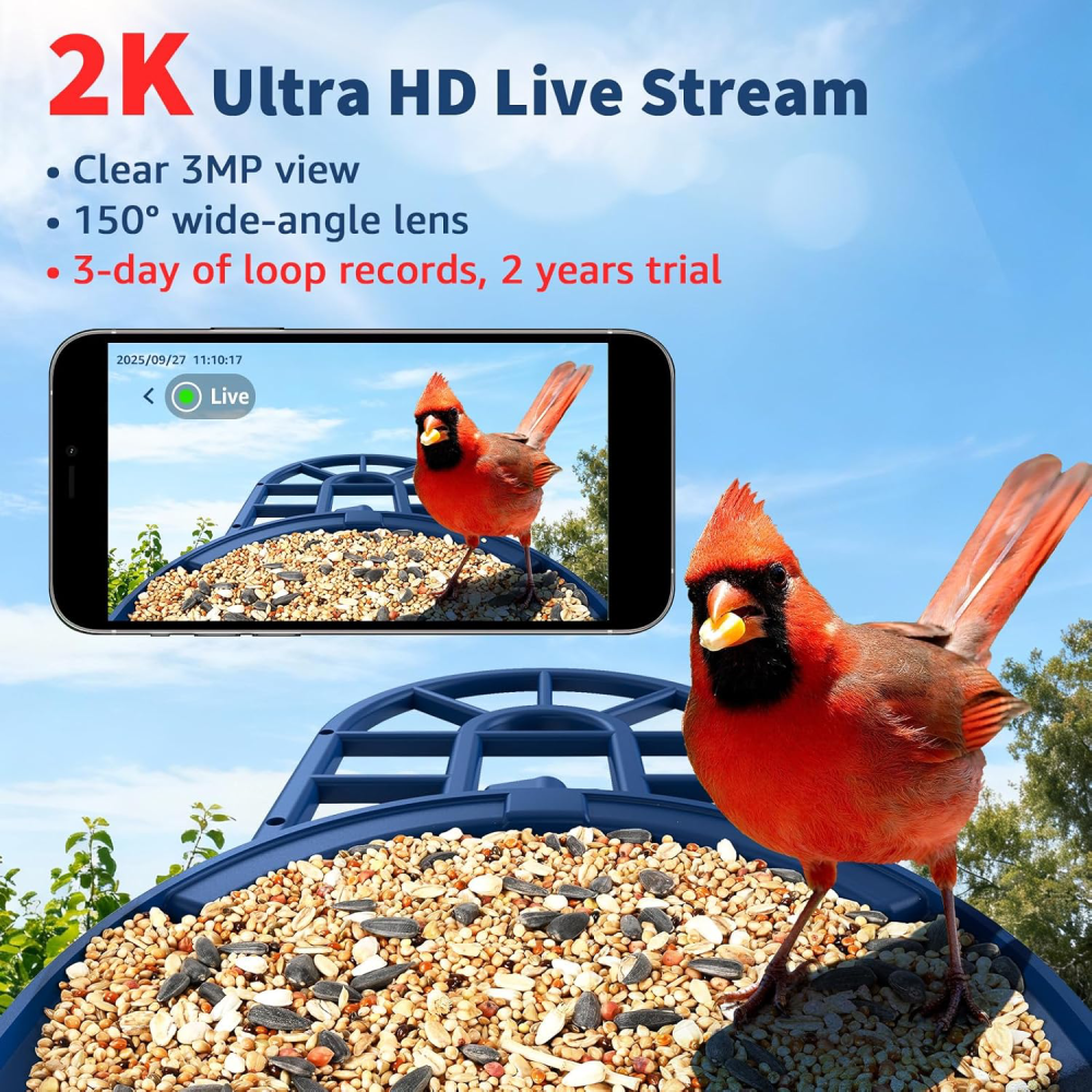Bird Feeder with Camera with AI Identify 10000+ Birds Species, 2K Live View, Instant Arrival Alerts