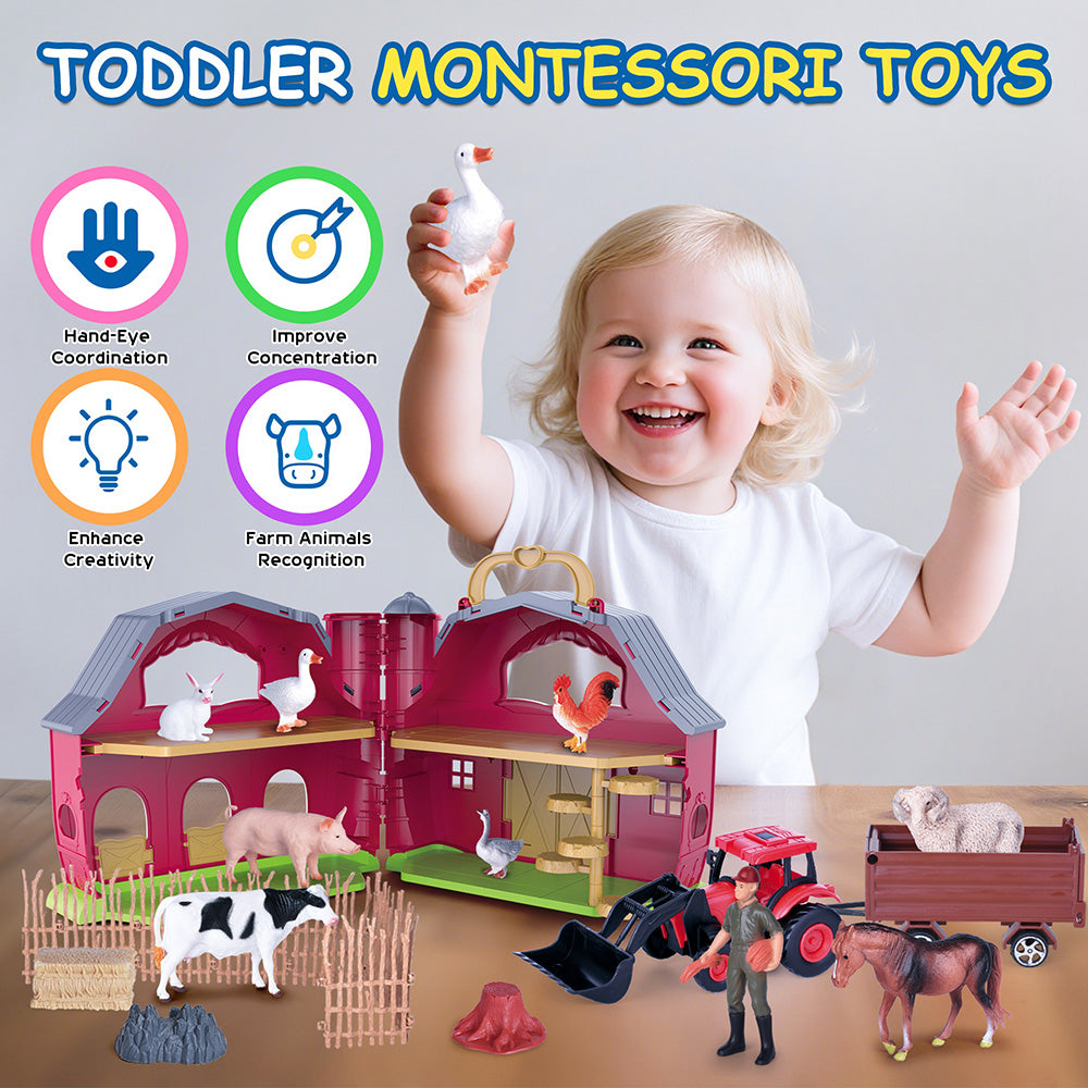 Farm Animal Toys Take Along Barn Playset for Toddlers Montessori Toys with 10 Animals Figurines & DIY Stickers