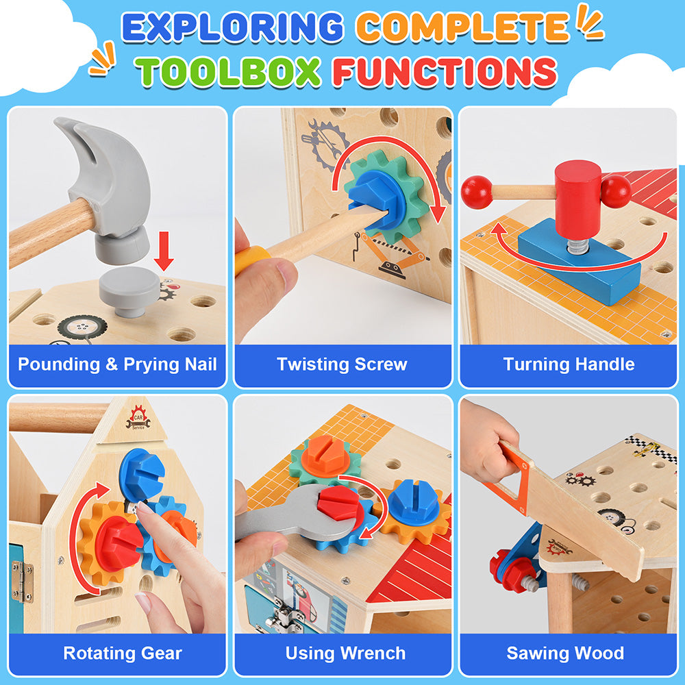 Kids Tool Set, 34 Pcs Wooden Toddler Tool Box with Apron, Portable STEM Educational Pretend Play Construction Toys