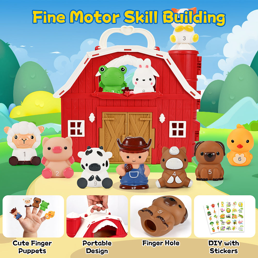 Farm Animal Barn Toys Portable Doll House with Finger Puppets & DIY Stickers