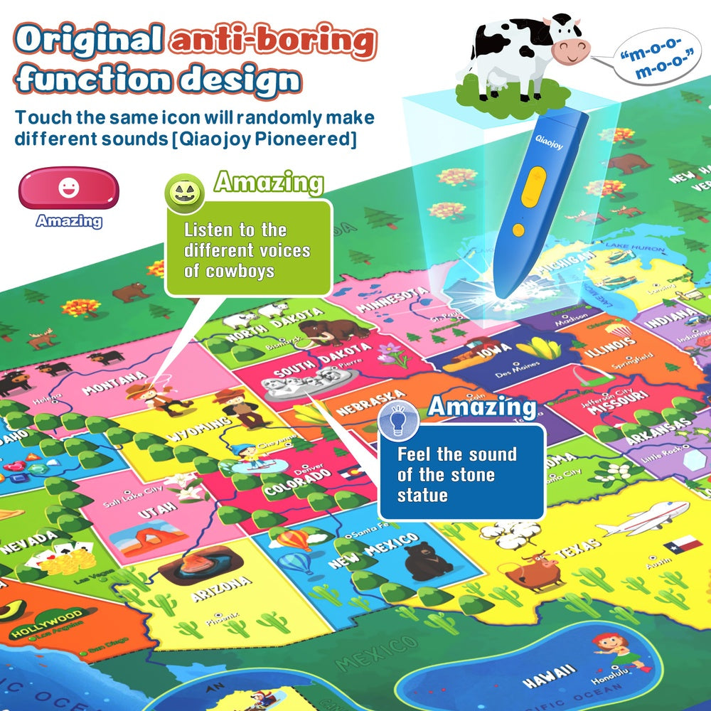 Bilingual Interactive USA Map for Kids, Talking Educational Geography Toy with Quiz Games for Boys Girls Ages 3-12
