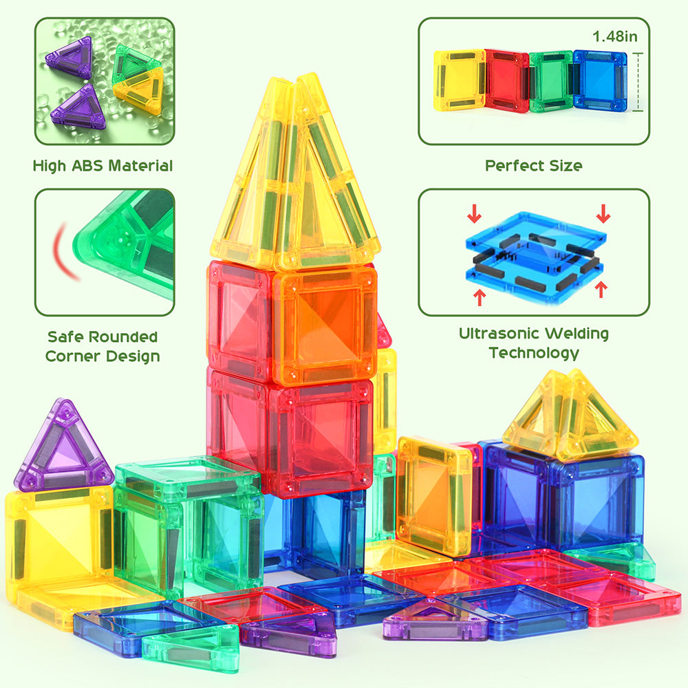 Mini Magnetic Tiles, 32PCS Travel Magnetic Blocks with Case, STEM Educational Building Set Construction Toys