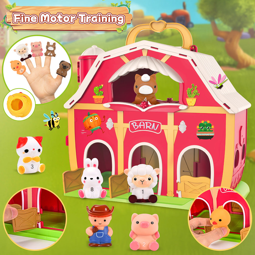 Farm Animal Barn Playset with Finger Puppets & DIY Stickers, Educational Pretend Play Toy