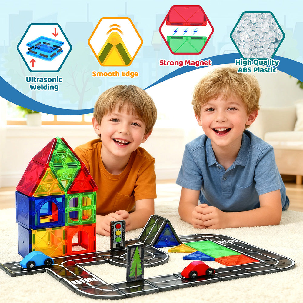 Magnetic Tiles Road Set, Magnetic Building Tiles with 2 Cars, Preschool Montessori Toys Magnetic Blocks