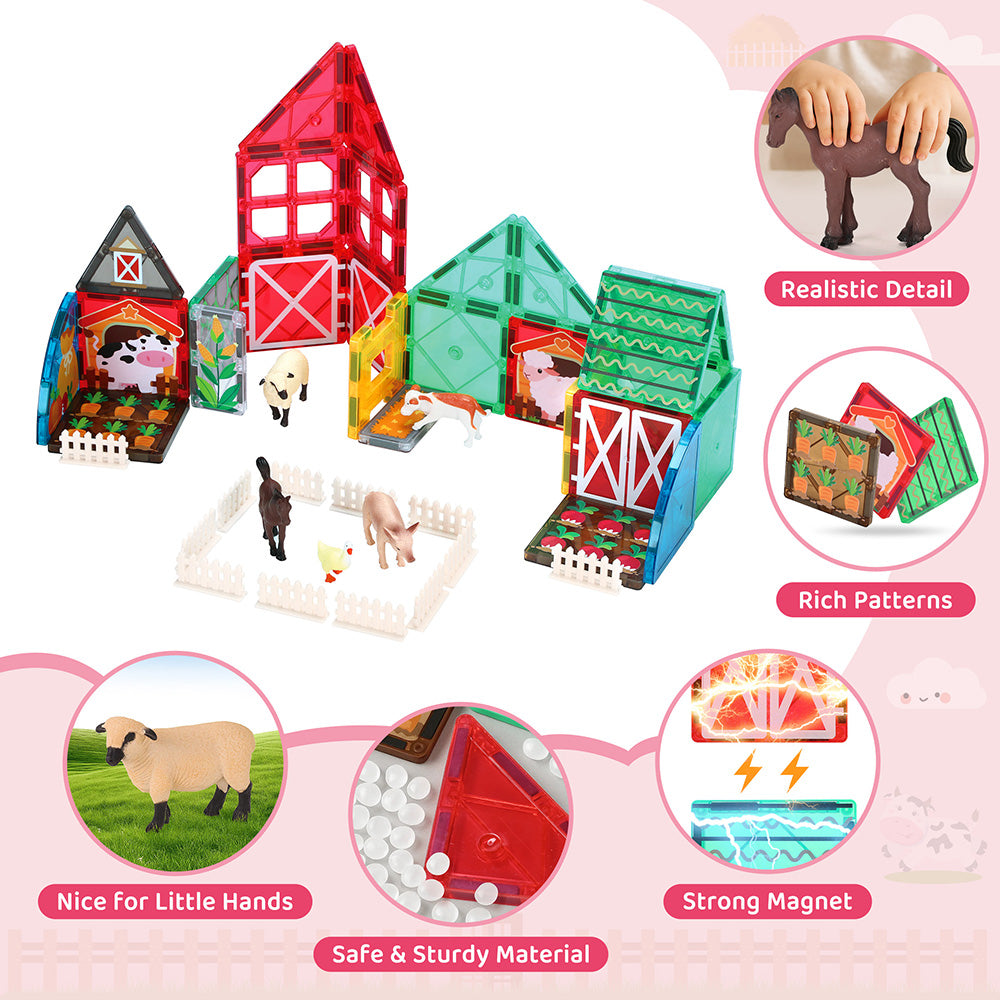 Magnetic Tiles Farm Animals Toys Magnet Building Blocks Garden Set STEM Preschool Toddler Toys for Boys Girls