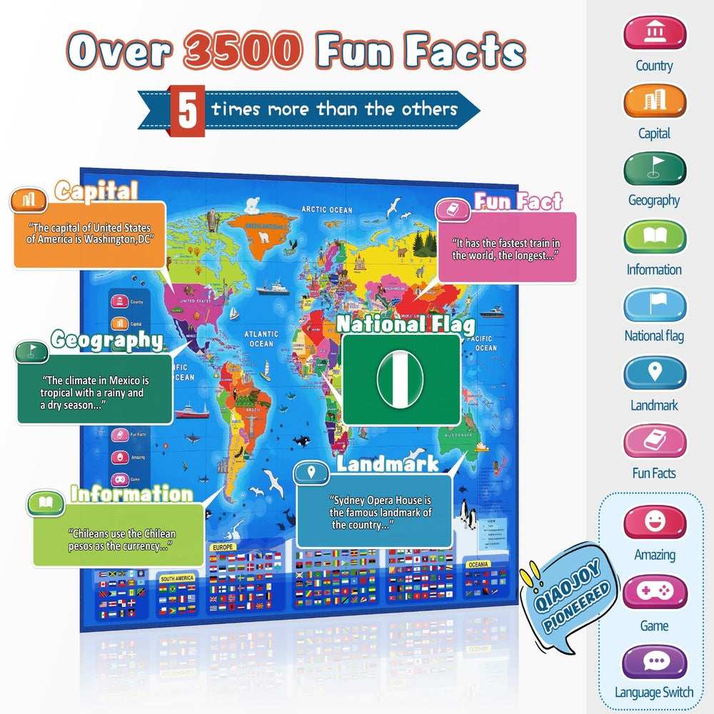 Bilingual Interactive World Map for Kids, Talking Geography Learning Toy with Quiz Games for Ages 3-12，Birthday Gifts