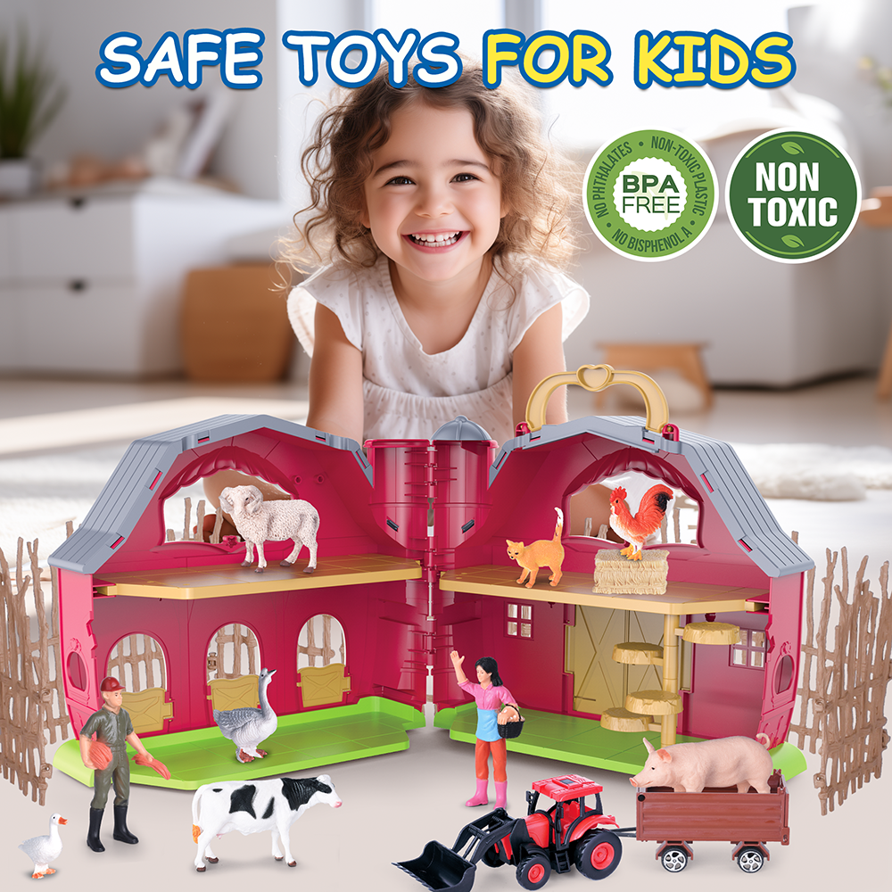 Farm Animal Toys Take Along Barn Playset for Toddlers Montessori Toys with 10 Animals Figurines & DIY Stickers