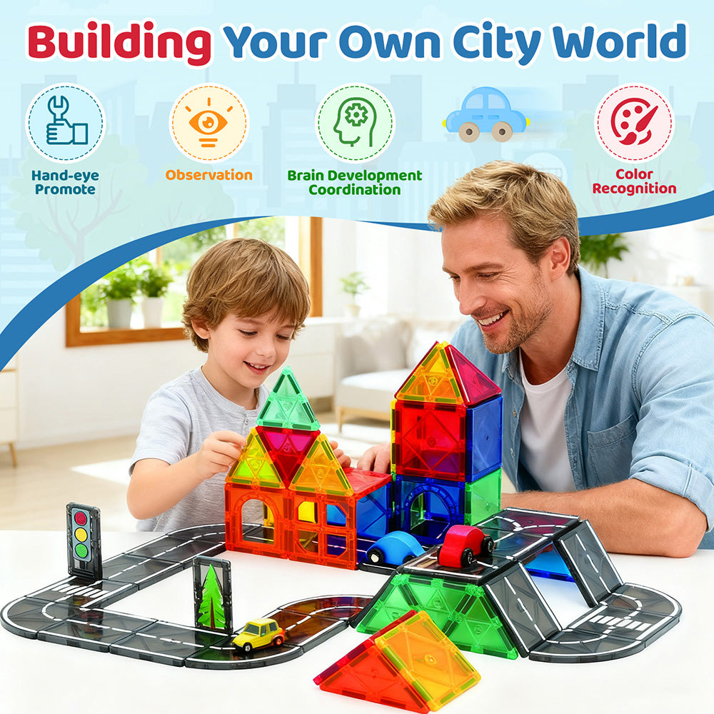 Magnetic Tiles Road Set, Magnetic Building Tiles with 2 Cars, Preschool Montessori Toys Magnetic Blocks