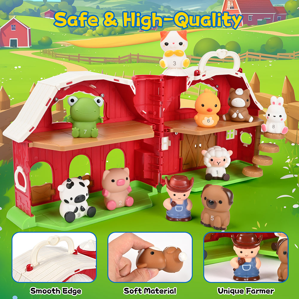Farm Animal Barn Toys Portable Doll House with Finger Puppets & DIY Stickers