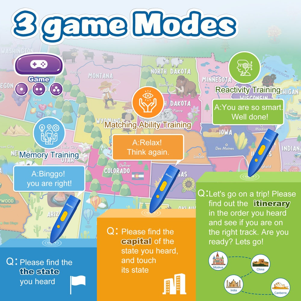 Bilingual Interactive USA Map for Kids, Talking Educational Geography Toy with Quiz Games for Boys Girls Ages 3-12