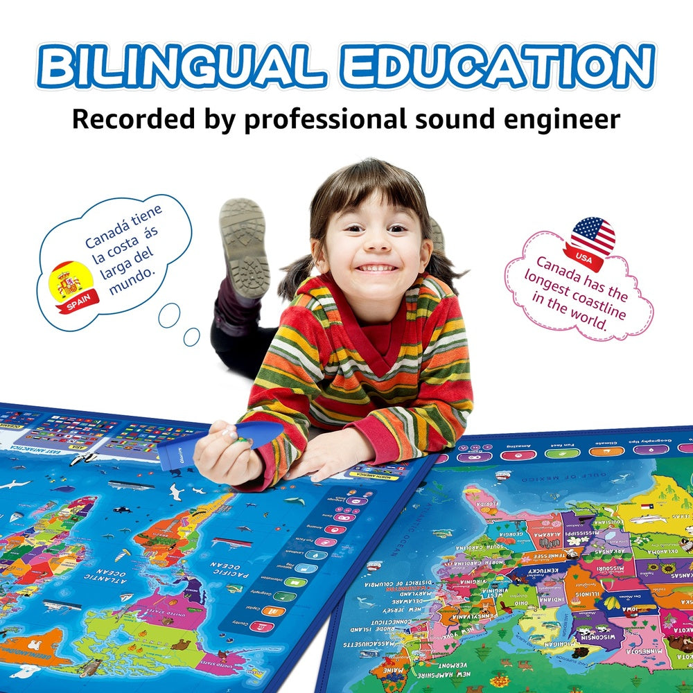 Bilingual Interactive for Kids Talking USA Map World Map for Kids Learning,Geography Toys Games Gift for 4-12 Girls/Boys