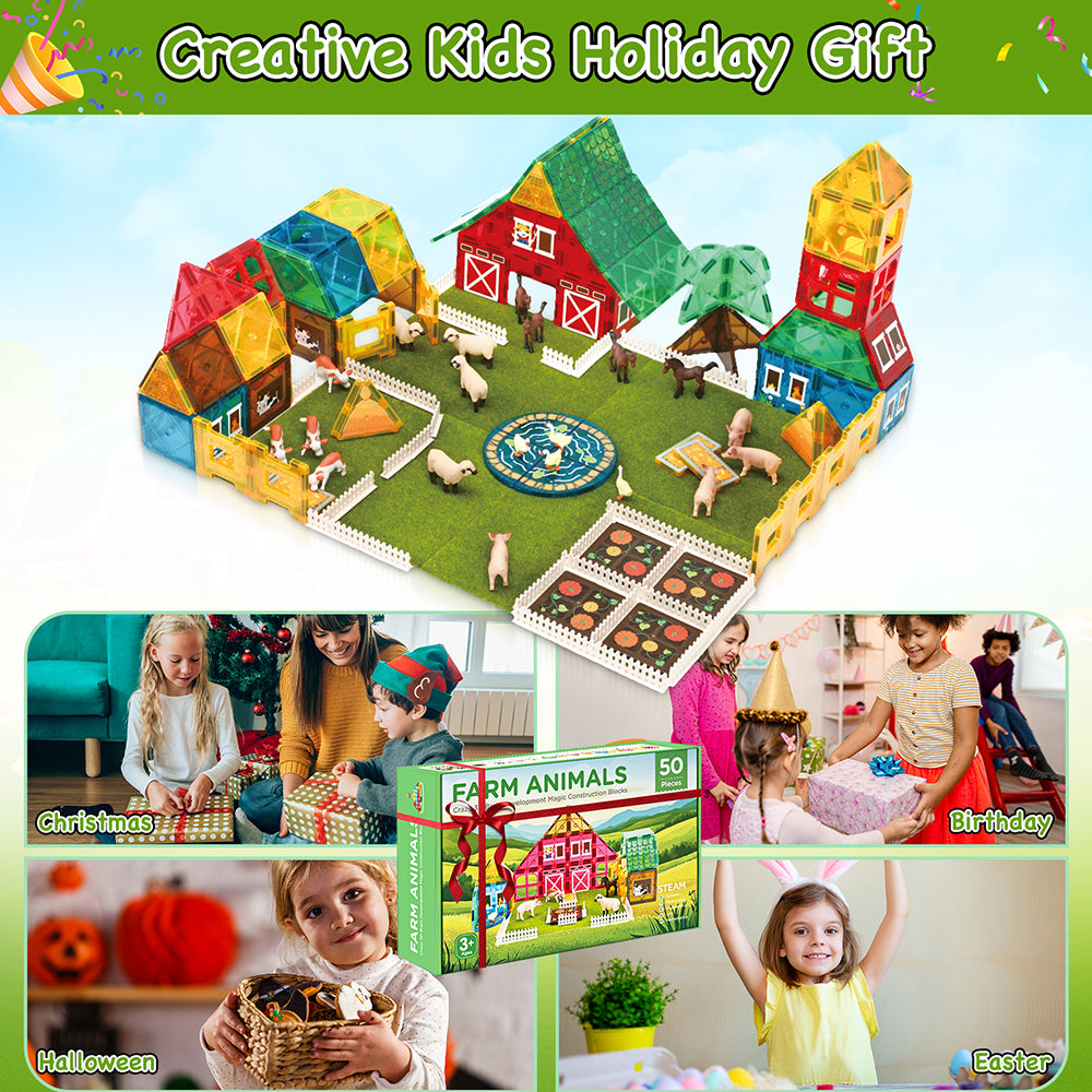 Magnetic Tiles Farm Animal Toys Set for Toddles Kids, Montessori STEM Educational Magnetic Building Blocks