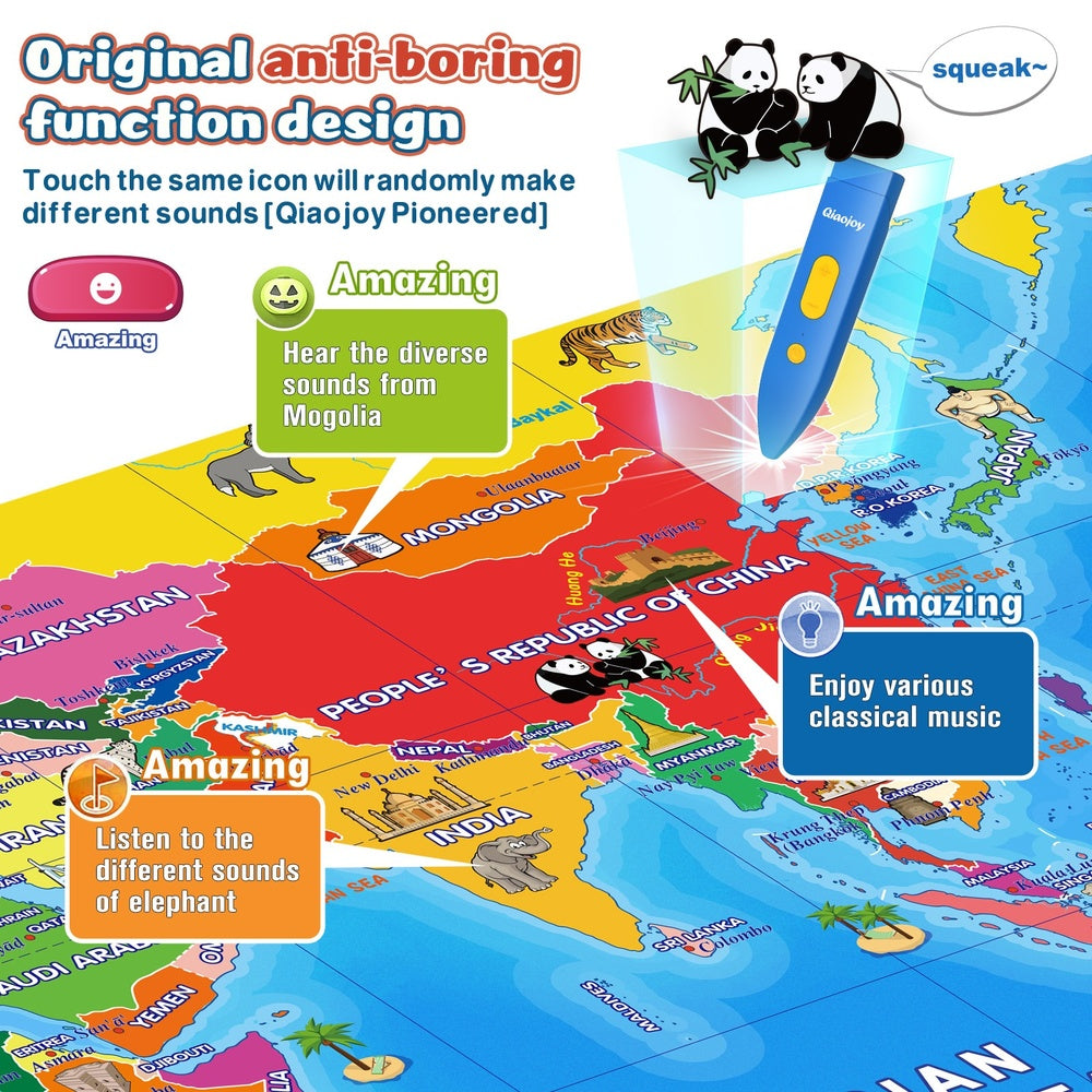 Bilingual Interactive World Map for Kids, Talking Geography Learning Toy with Quiz Games for Ages 3-12，Birthday Gifts