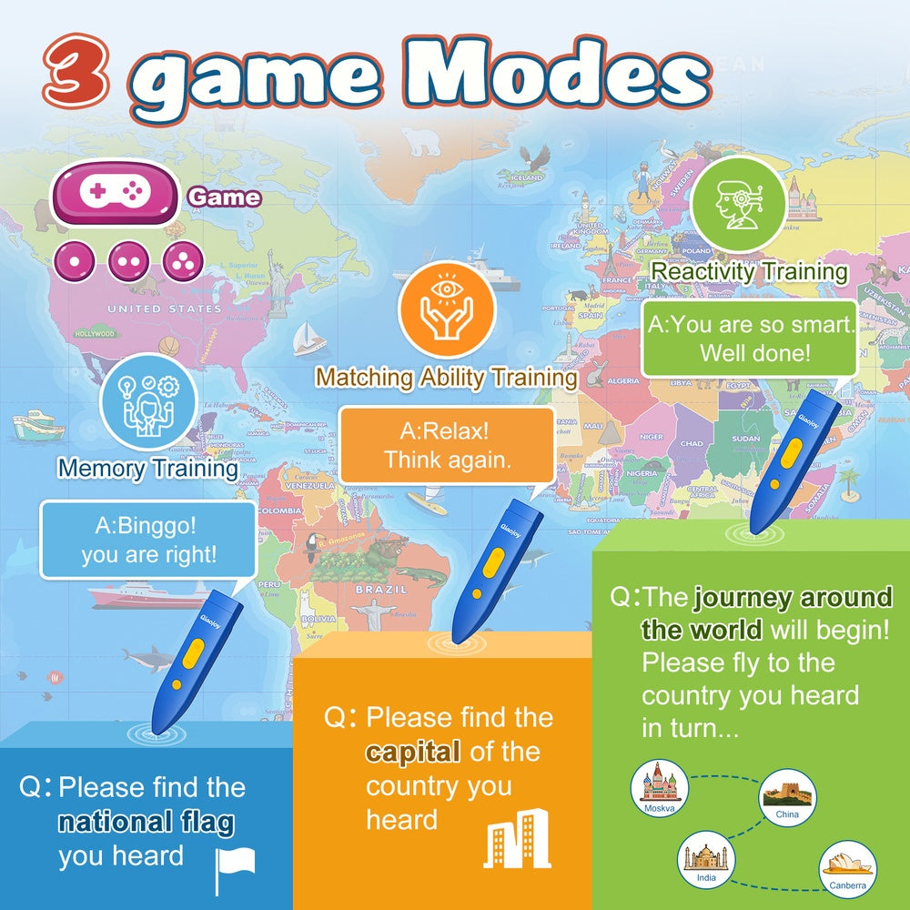 Bilingual Interactive World Map for Kids, Talking Geography Learning Toy with Quiz Games for Ages 3-12，Birthday Gifts