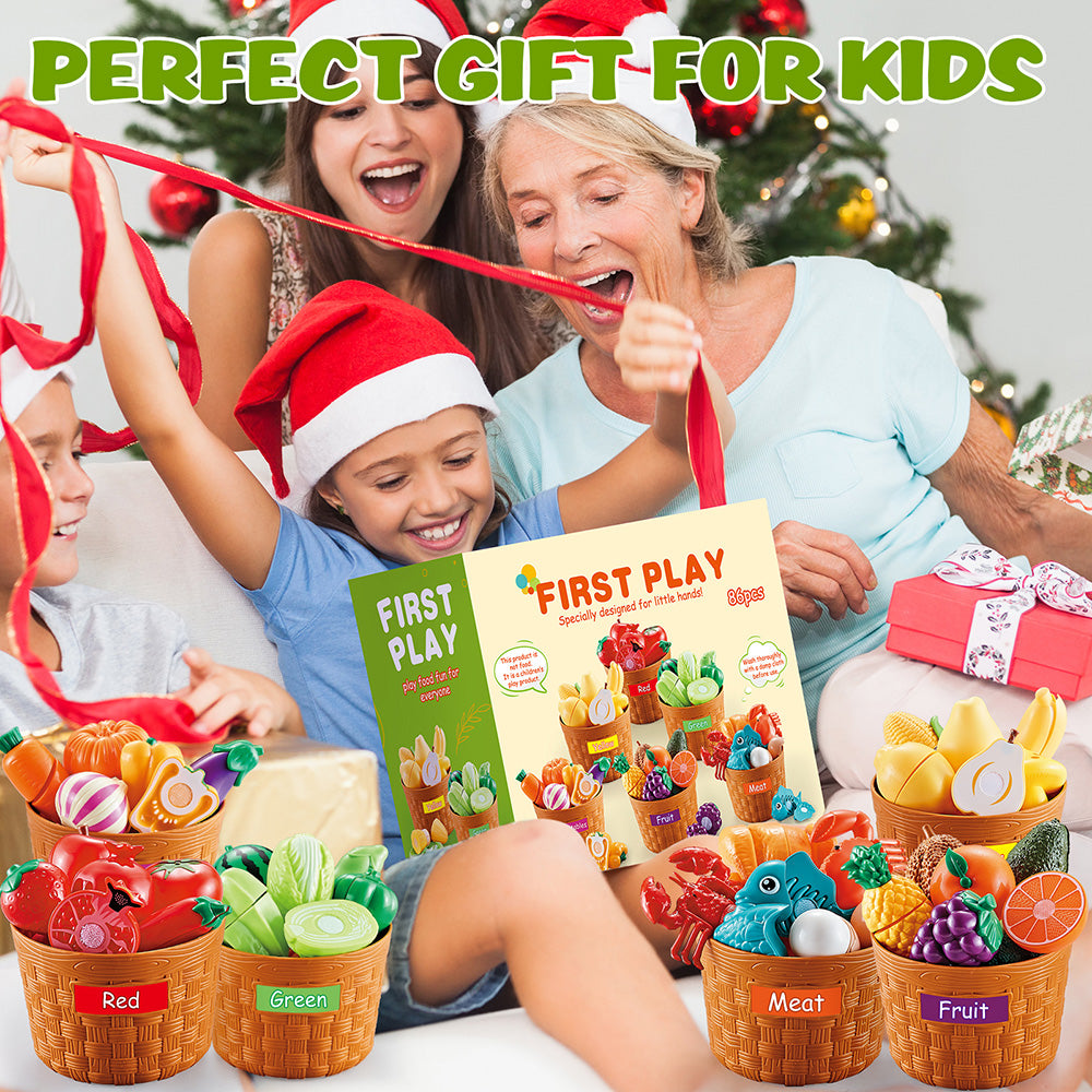 Play Food Set for Toddlers, Learning Toys 86pcs Cutting Food for Preschool Activities, Pretend Play Kitchen Accessories for Kids