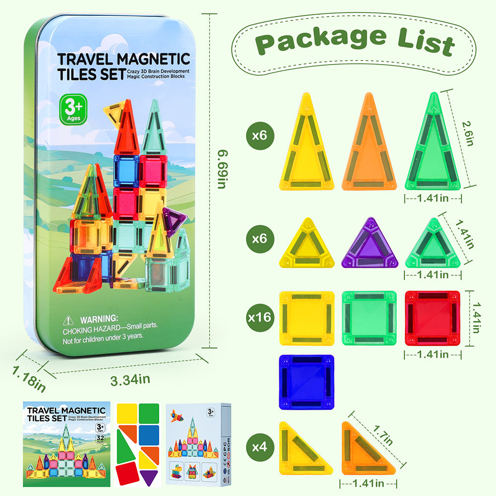 Mini Magnetic Tiles, 32PCS Travel Magnetic Blocks with Case, STEM Educational Building Set Construction Toys