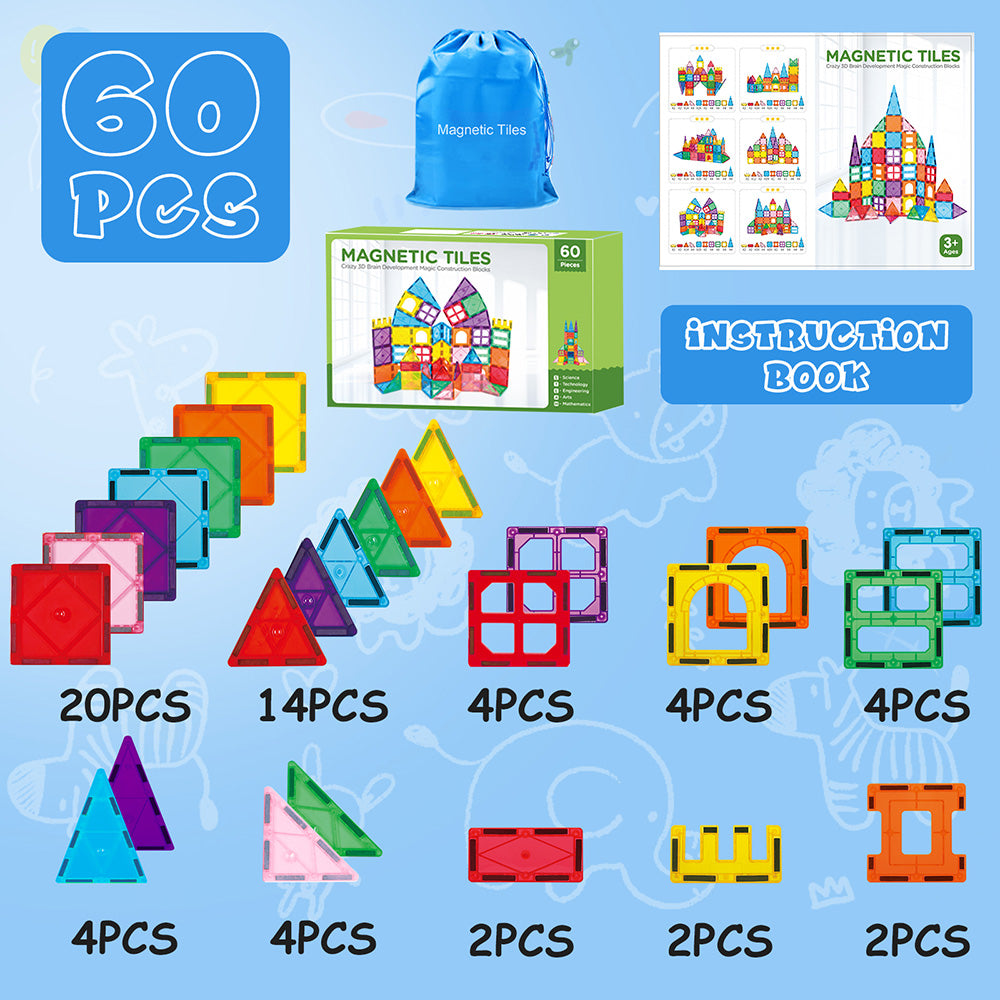 Magnetic Tiles, 60pcs Magnetic Blocks for Kids, Magnet Building Set,STEM Sensory Educational Toys