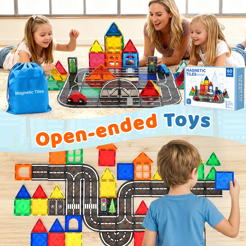 Magnetic Tiles Road Set, Magnetic Building Tiles with 2 Cars, Preschool Montessori Toys Magnetic Blocks