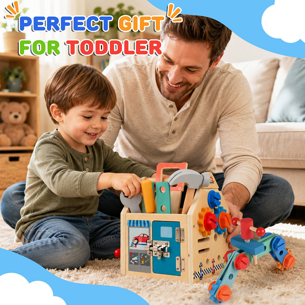 Kids Tool Set, 34 Pcs Wooden Toddler Tool Box with Apron, Portable STEM Educational Pretend Play Construction Toys