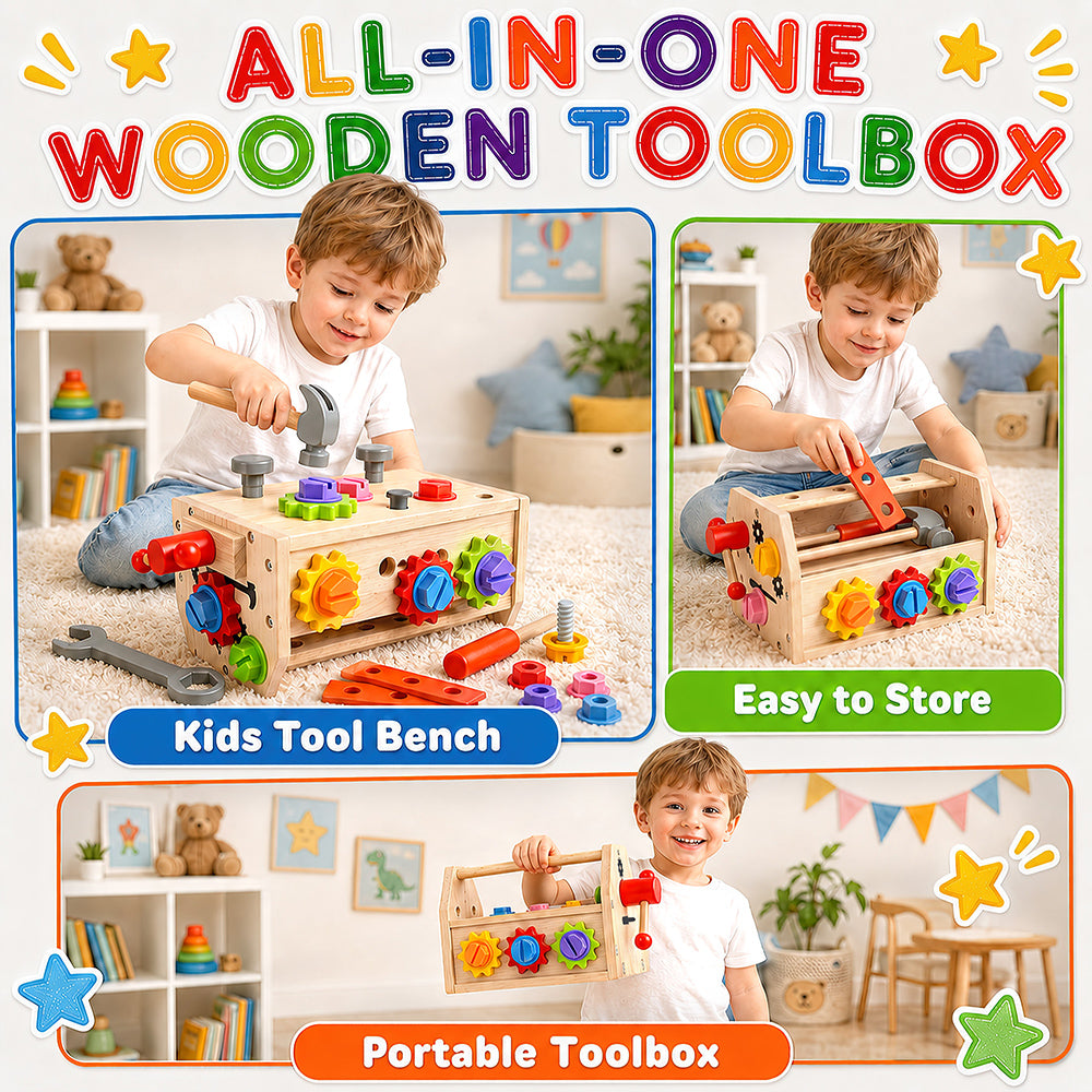 Kids Tool Set, 34 Pcs Wooden Toddler Tool Box & Workbench with Apron, STEM Montessori Pretend Play Construction Toys