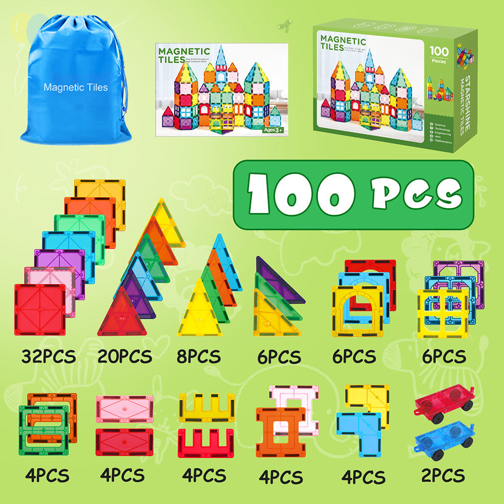 100 Pcs Magnetic Tiles Building Blocks with 2 Cars, STEM Toys 3D Building Sets Gifts for Boys and Girls