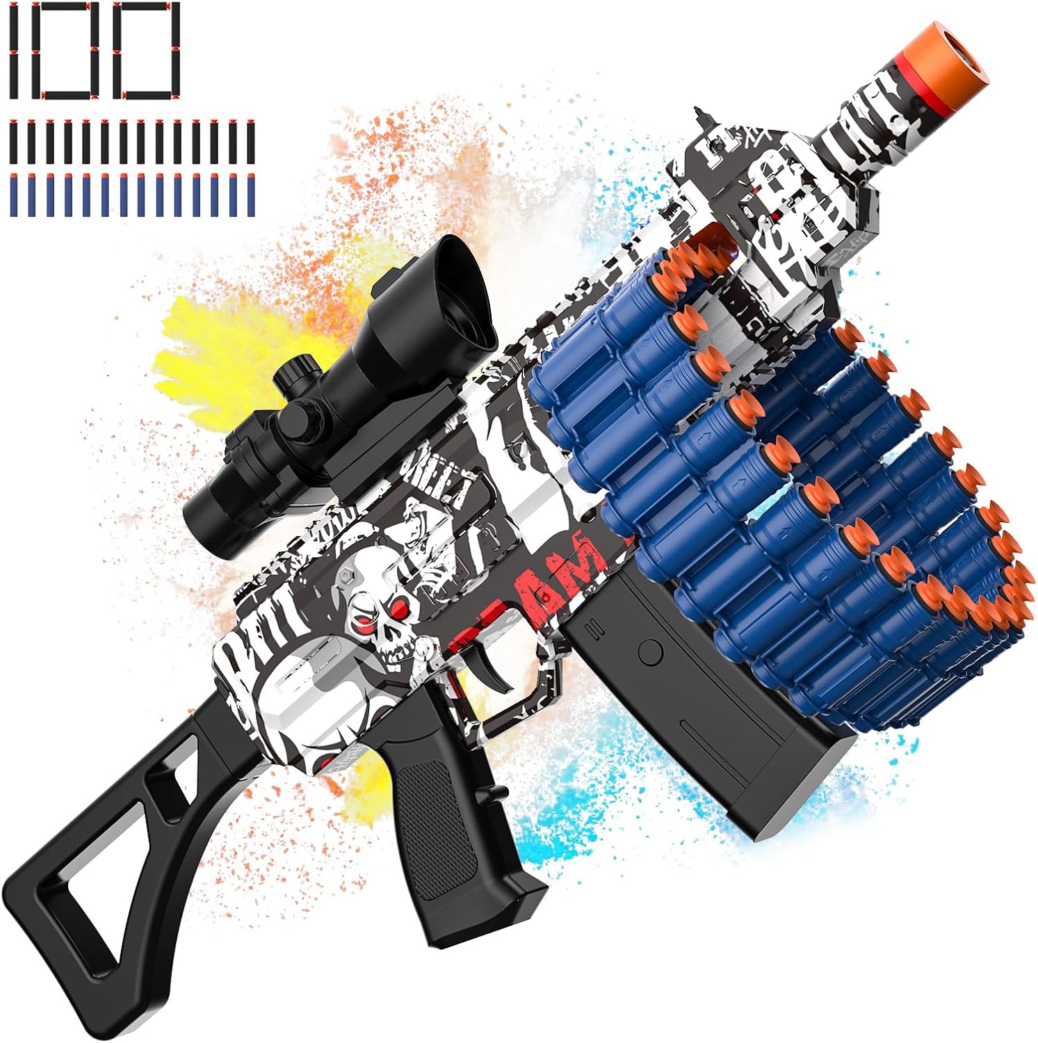 JakMean Blue Electric Auto Soft Dart Blaster, Scope, 30 Dart Clips, 100 Foam Darts, Outdoor Shooting Gift for Ages 6-12 & Adults